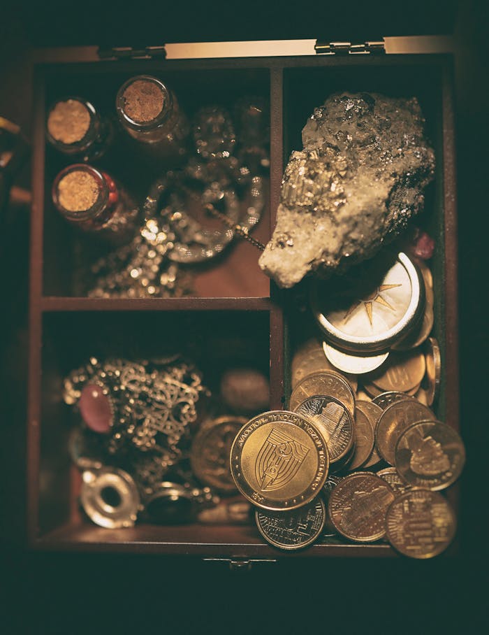 Capture of a treasure box filled with coins, jewelry, and a large rock.