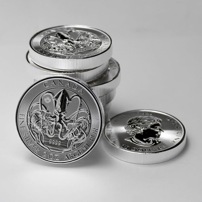 Close-up of Canadian silver coins highlighting intricate designs and monetary value.